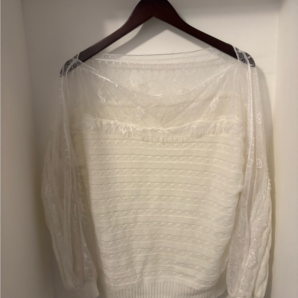 Women’s Lace Detailed Neck, Sleeves, Sweater, White, Size Small, SHEIN